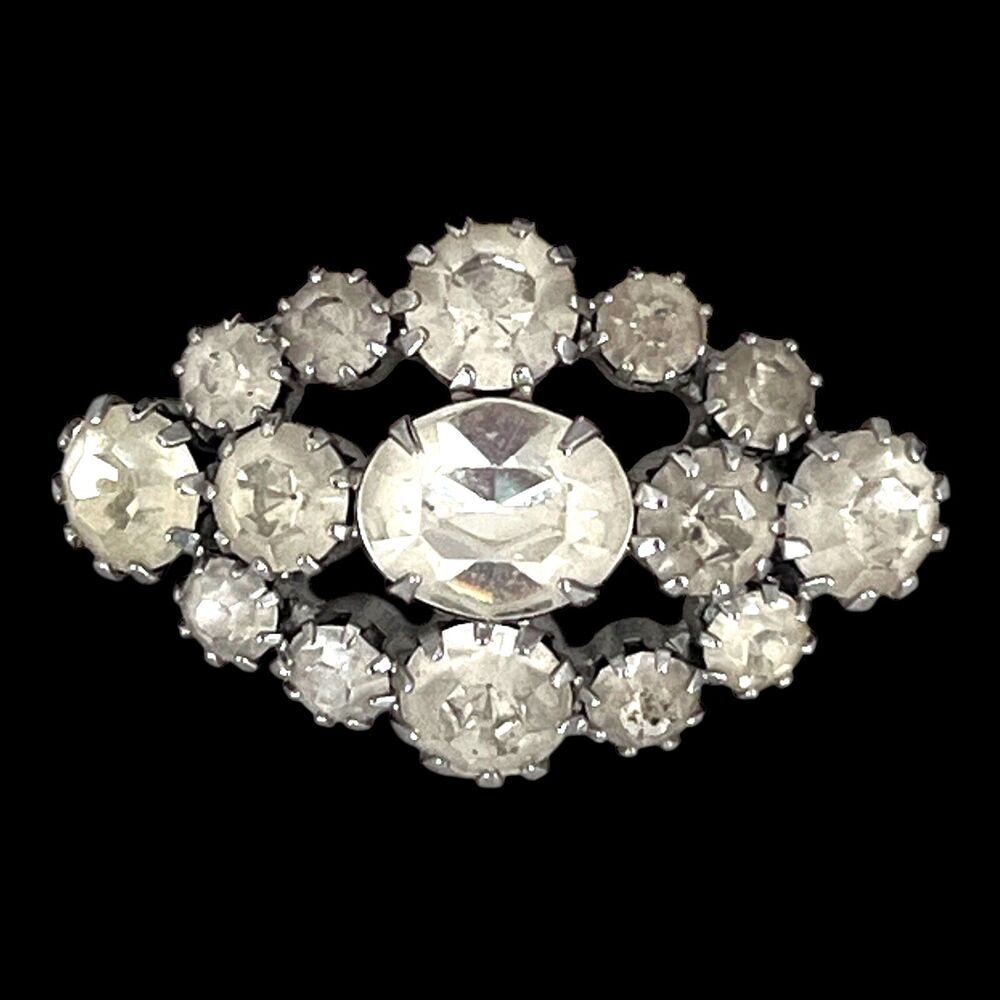 Vintage 1950s Rhinestone Cluster Brooch Silver Tone Crystal Oval Pin - 6D